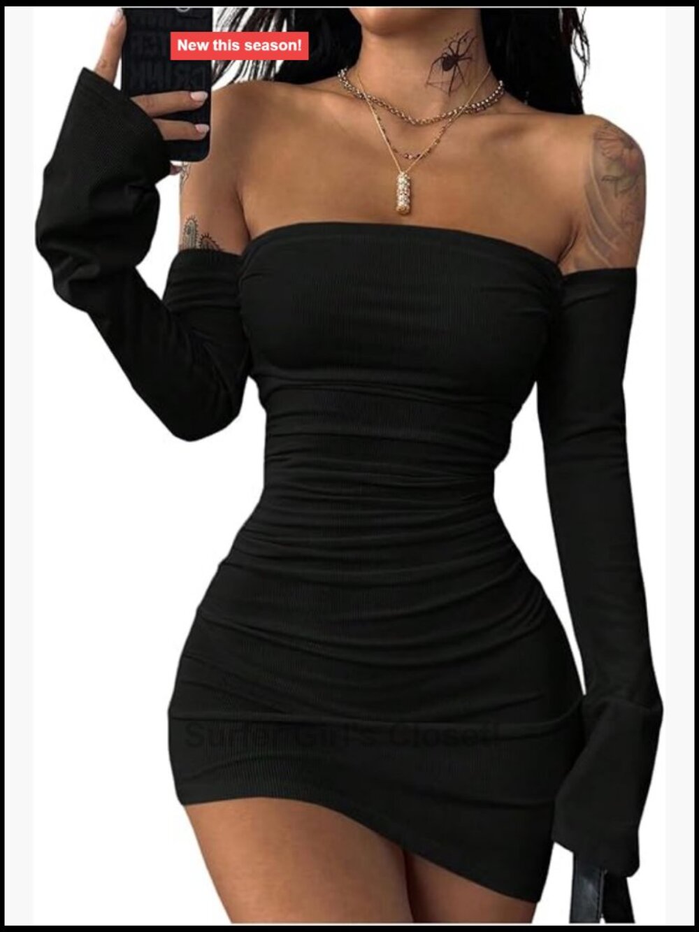 Off Shoulder Long Sleeve Ruched Bodycon Mini Dress Y2K Slit Party Club